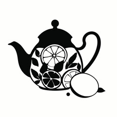 Fototapeta premium a teapot with a black. The body of the tea pot is decorated with a design of lemon slices and mint leaves