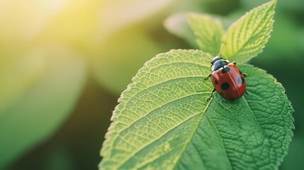 Closeup of a ladybug on a bright green leaf, sunlight illuminating the tiny creature, soft forest background