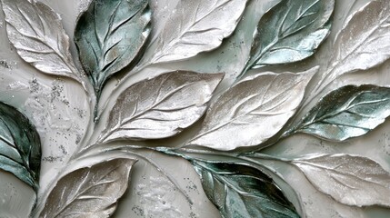 Obraz premium Elegant silver and green metallic leaves on a textured, frosted background with delicate sparkle accents, creating a luxurious, wintery aesthetic. AI generative.