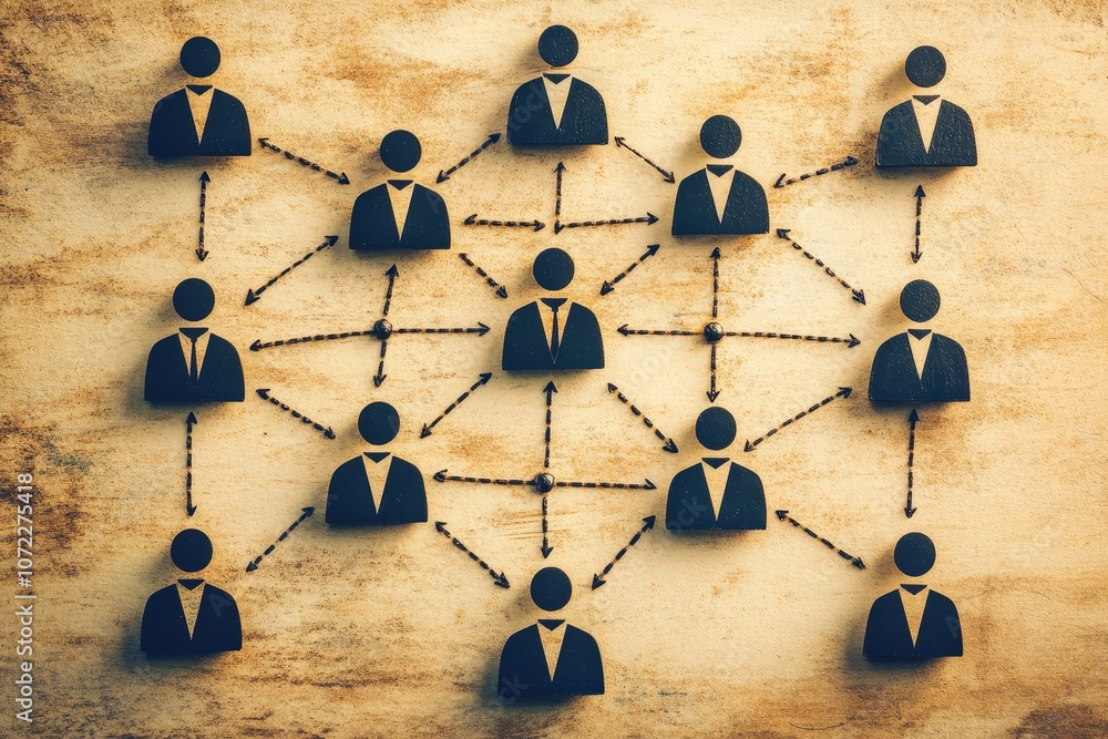 Aufkleber abstract representation of human connection and networking with wooden figures on a textured backgro