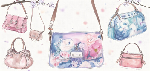 Seamless pattern of colorful handbags in pastel tones with floral designs