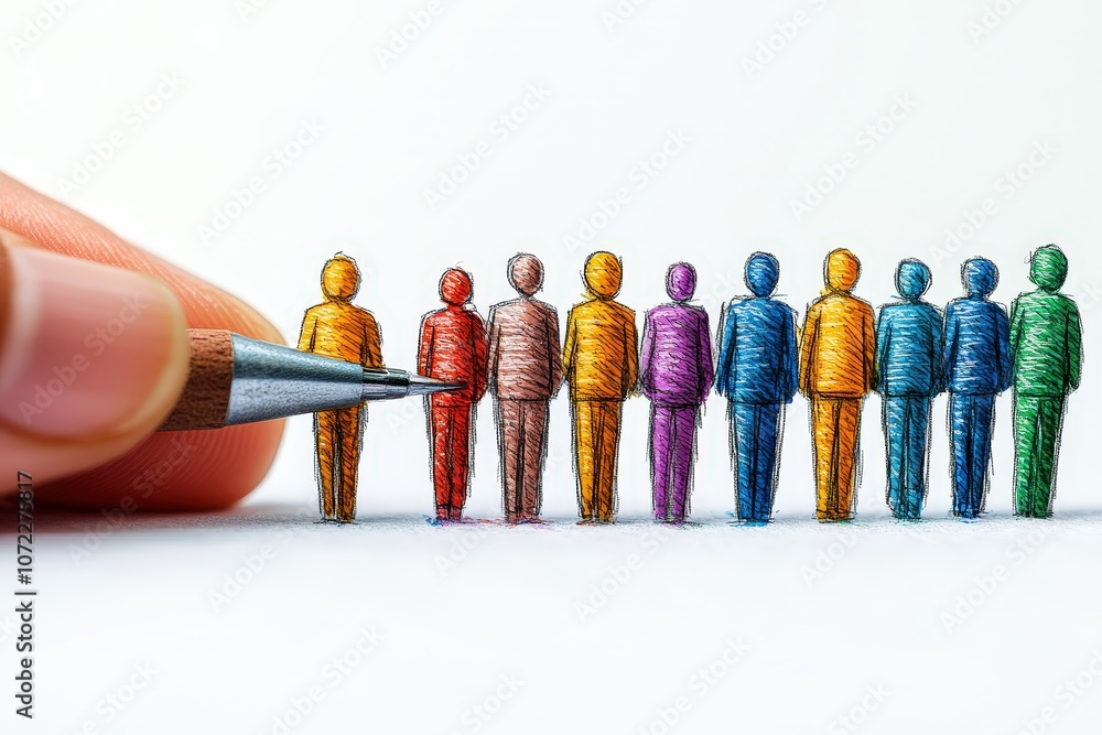 Poster hand selecting a unique figure among a group of colorful sketches representing diversity and inclusi