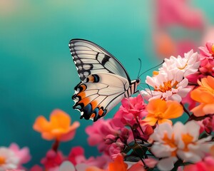 Naklejka premium A closeup of a butterfly feeding on nectar, surrounded by a cluster of colorful flowers in a sunlit garden