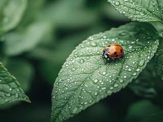 Fototapeta premium Closeup of a ladybug on a green leaf, dewdrops on the leaf, natural forest environment in the background