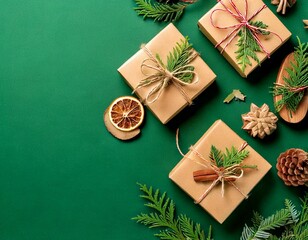 Eco-friendly Christmas arrangement with gift boxes wrapped in reusable kraft paper and natural decorations on a green background, top view.