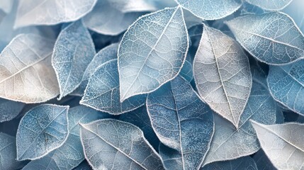 Obraz premium Close-up of frosted blue leaves with delicate veins, creating a crisp, wintry aesthetic. The intricate details and cool tones evoke a serene, icy feel. AI generative.