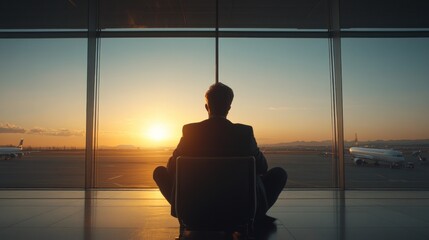 A businessman sits in an airport lounge, watching the sunset and airplanes on the runway.