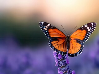 Obraz premium Butterfly resting on a purple lavender flower, soft sunlight illuminating its wings, serene garden setting