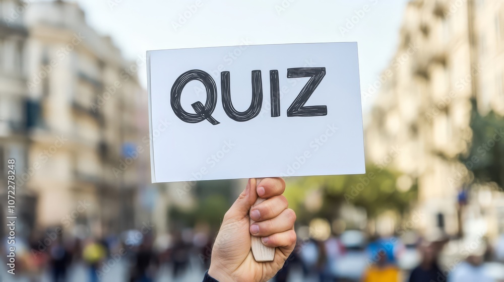 Poster quiz time: a hand holds a sign with the word 