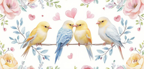 Watercolor illustration of parakeets perched on a floral branch with hearts