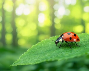 Obraz premium A ladybug walking across a leaf, soft light filtering through trees, tranquil woodland setting