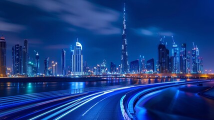 Dynamic blue light streaks illustrating rapid data transfer over dubai s night skyline