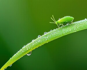 Closeup of a green aphid on a plant stem, morning dew sparkling around it, natural setting
