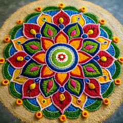 A vibrant Indian Rangoli design, featuring intricate patterns