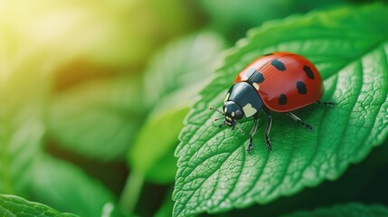 Obraz premium Closeup of a ladybug on a bright green leaf, sunlight illuminating the tiny creature, soft forest background