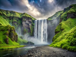 Majestic Skogafoss Waterfall in Iceland: A Stunning Display of Nature's Power and Beauty with Cascading Waters and Lush Surroundings Captured in Conceptual Photography