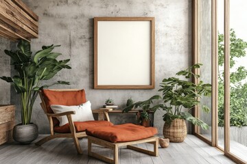 Fototapeta premium Cozy Oasis: Minimalist Living Room with Lush Greenery and Warm Tones and Wall Frame Mockup