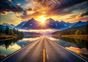 Majestic Sunrise Over a Long Empty Road with Mountains and Lake, Capturing the Spirit of Adventure and Endless Possibilities in Stunning Double Exposure Photography