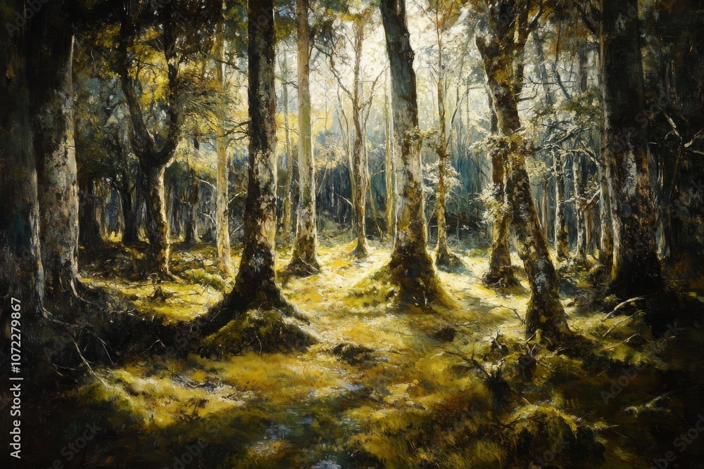 Poster sunlight filtering through trees in a serene forest