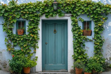 Charming Blue Door with Ivy Covered Walls