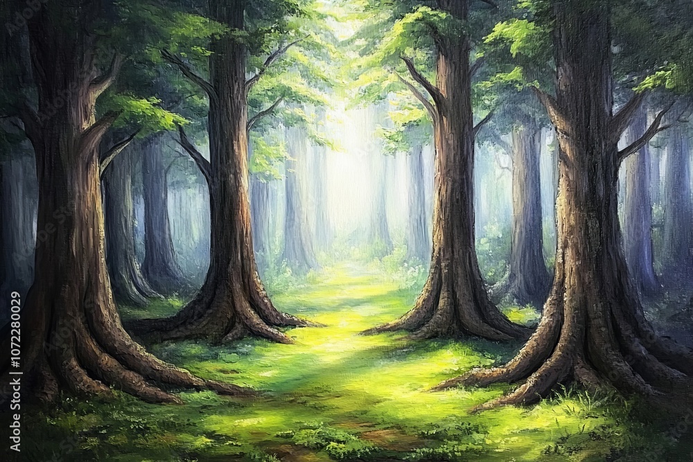 Poster sunlight filtering through trees in a tranquil forest