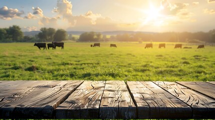Wooden Table Overlooks Meadow and Cows