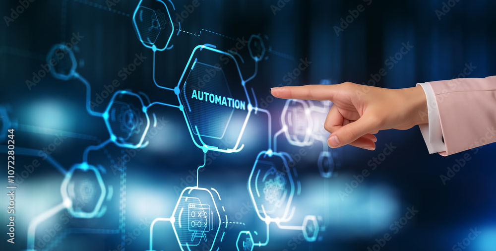 Poster automation 3d icon. business industrial process workflow optimisation