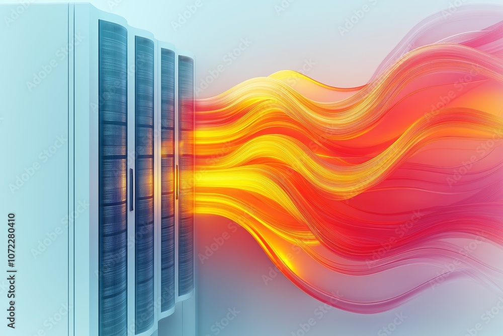 Poster Futuristic Server Rack with Flowing Red and Yellow Light Waves, Representing Data Processing and Advanced Technology, Generative AI