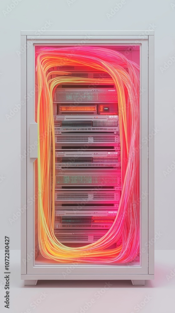 Poster Futuristic Server Rack with Flowing Red and Yellow Light Waves, Representing Data Processing and Advanced Technology, Generative AI