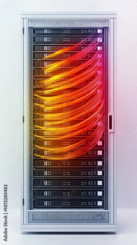 Poster Futuristic Server Rack with Flowing Red and Yellow Light Waves, Representing Data Processing and Advanced Technology, Generative AI