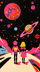 Naklejka premium boy and girl on space path walk