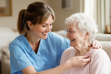 Obraz premium A young caregiver in blue scrubs shares a warm smile with an elderly woman, fostering a bond of trust and companionship in a cozy home setting