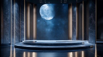 A sleek, modern stage with a cosmic backdrop featuring a large moon and starry sky.