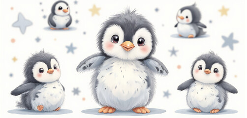 Fototapeta premium Seamless pattern of cute penguins with stars in a whimsical style