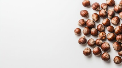 Hazelnut Harvest:  A close-up of a scattering of fresh, plump hazelnuts arranged against a clean white background.  A perfect visual for recipes, food blogs, or autumnal themes. 