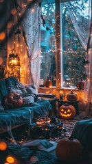 Naklejka premium Cozy Halloween Living Room with Pumpkins and Decor