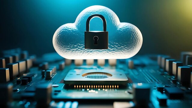 Secure Cloud Computing: Locked Cloud Icon on Circuit Board Symbolizing Data Protection.