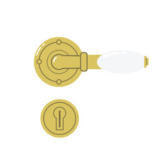 Classic door handle and keyhole set. Vintage gold home fittings. Vector illustration