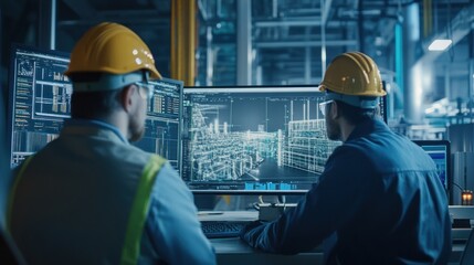 Two Engineers Working on a 3D Model of a Factory
