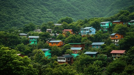 Colorful houses nestled in a lush, green hillside.