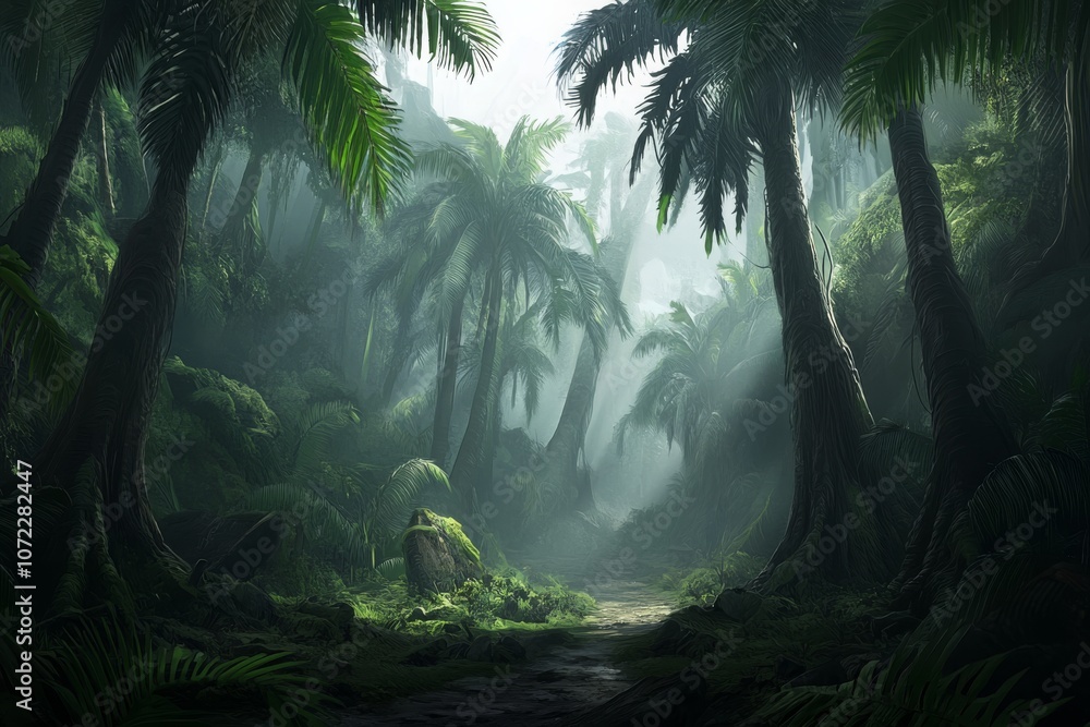 Poster misty forest with towering trees and soft light