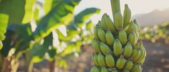 A bunch of green bananas growing on a banana tree in a plantation with blurred background of other banana trees and sunlight.