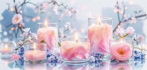Watercolor candles in glass jars with pink and blue floral accents