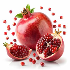 A pomegranate fruit with its seeds flying out, captured mid-