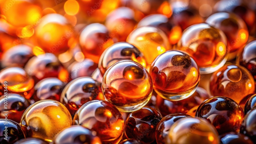 Poster a close-up of a cluster of transparent, amber-colored spheres illuminated by a warm, golden glow. th