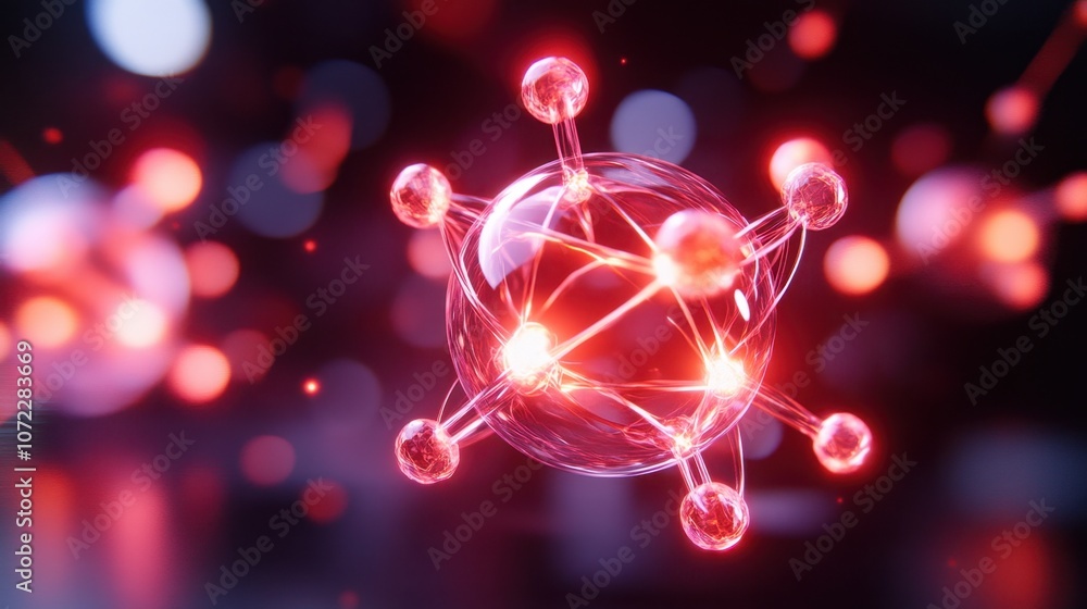 Poster atom, with a central nucleus and orbiting electrons represented by glowing spheres and lines, agains