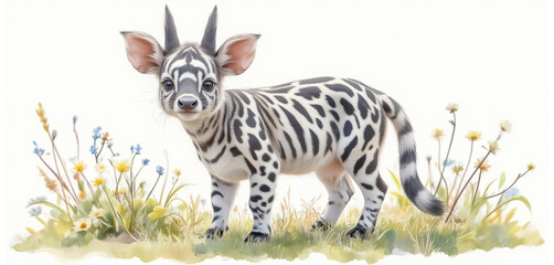 Obraz premium Watercolor illustration of an okapi in a grassy field with floral accents