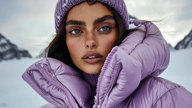 A woman in a purple puffer jacket and knit hat stands in front of a snowy mountain range
