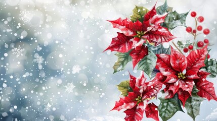 Christmas background with poinsettia flowers and the falling snow