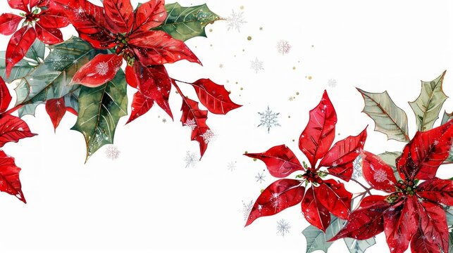 Poinsettia flower branches dand snowflakes on white background